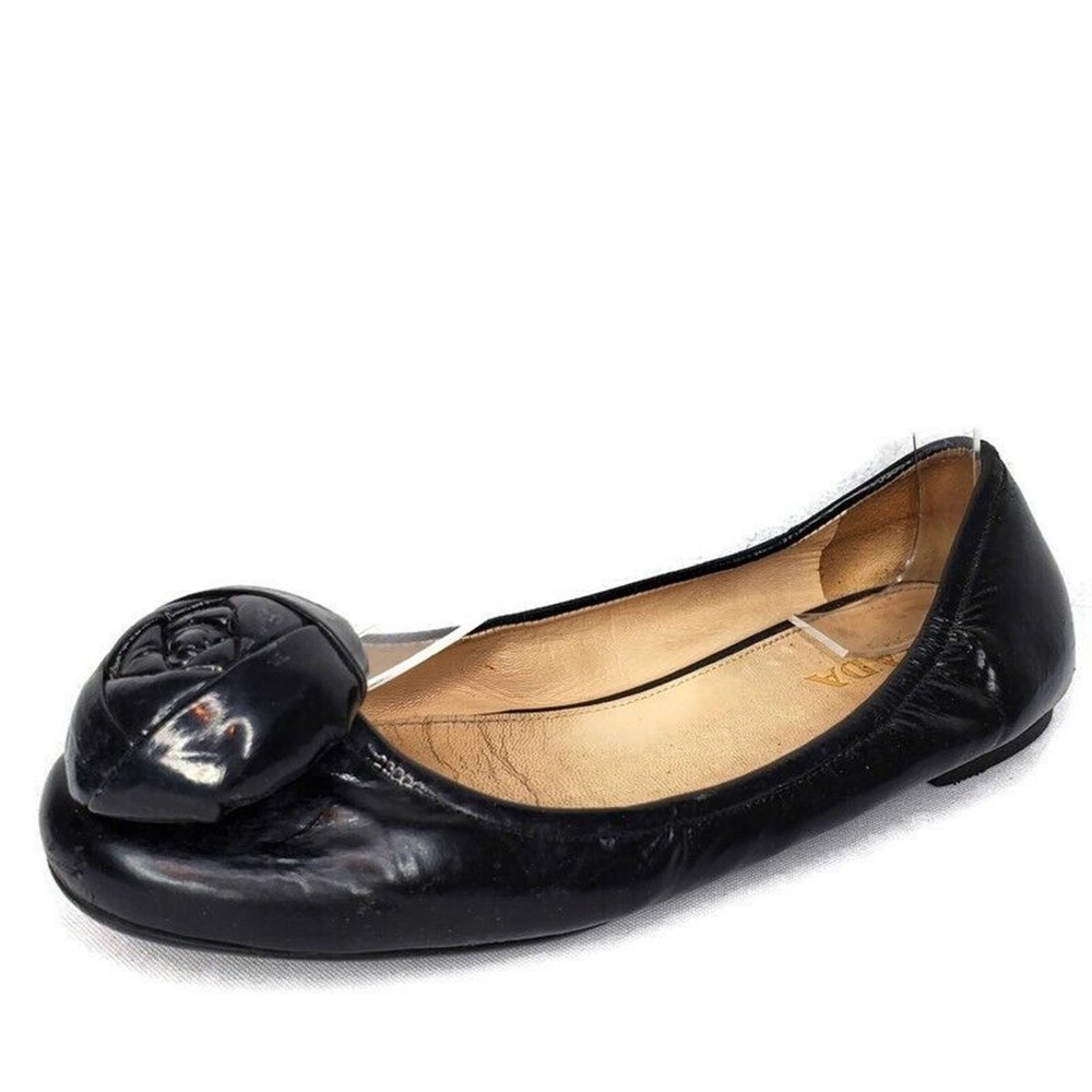 PRADA Womens Size 6.5 US Black Patent Leather Ballet Flats Rose Button Shoes